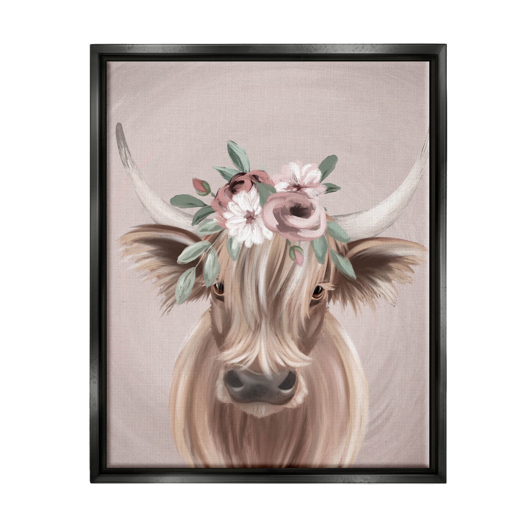 Highland Cattle Pink Flower Crown Animals & Insects Graphic Art Jet Black Framed Art Print Wall Art