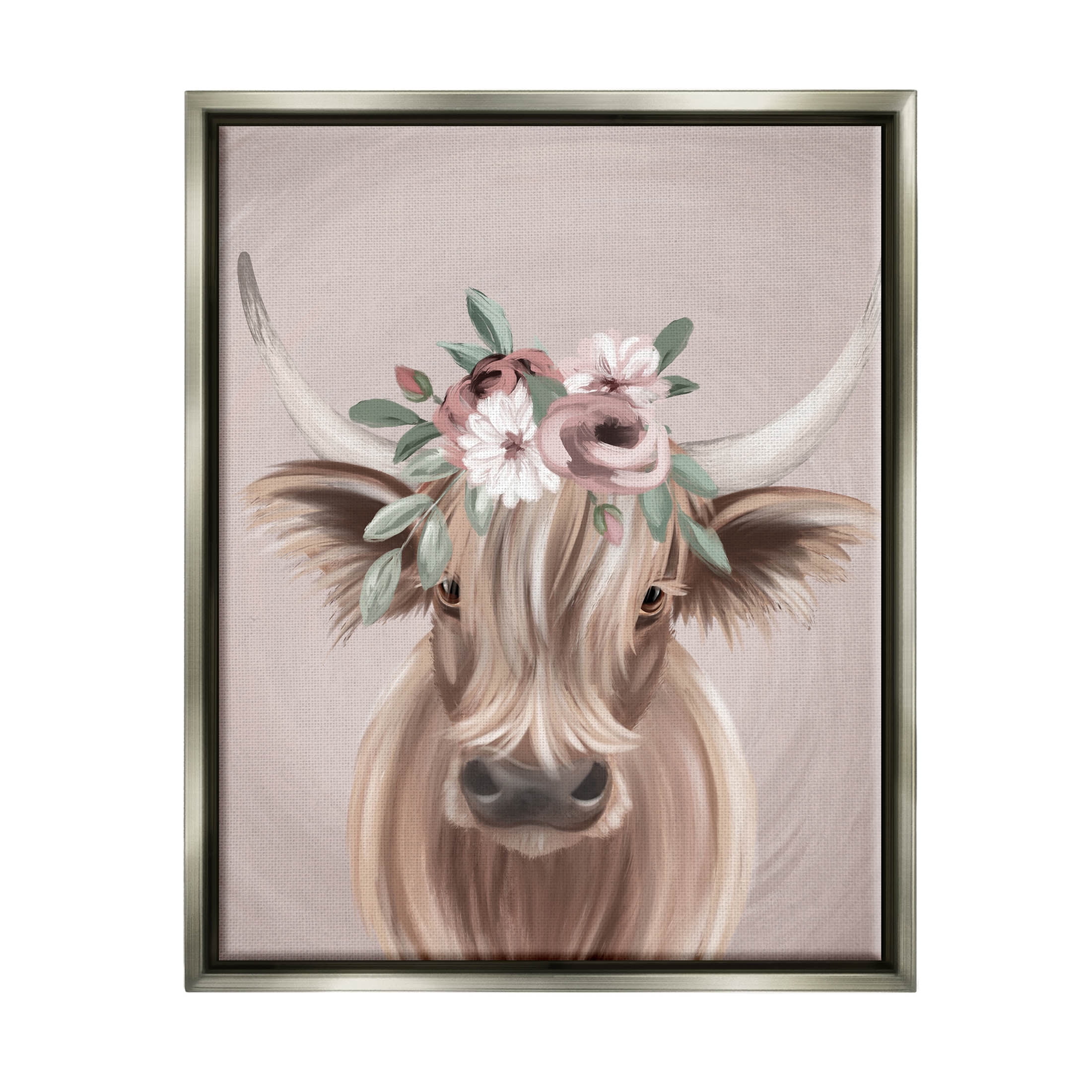 Highland Cattle Pink Flower Crown Animals & Insects Graphic Art Luster Gray Framed Art Print Wall Art
