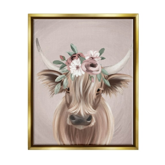 Highland Cattle Pink Flower Crown Animals & Insects Graphic Art Metallic Gold Framed Art Print Wall Art