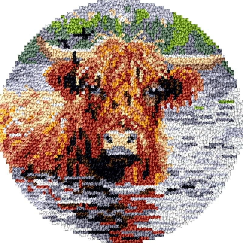 Highland Cattle Round Shape Latch Hook Rug Kits Set for Starter Crochet Hook Cushion Mat Sofa Seat Cushion Crocheting Kits with Preprinted Canvas Crochet Yarn Kits 50X50CM (fi26)