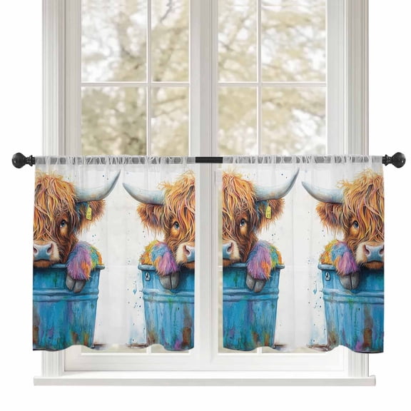 Highland Cattle Sheer Curtains 45 inches Long 2 Panels Set Farmhouse Cow Funny Animal Tiers Sheers Rod Pocket Small Window Short Curtains for Kitchen Cafe, Each 52" W x 45" L