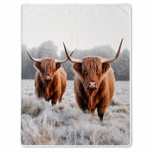 Highland Cattle Sherpa Blanket, Frosted Field Animal Print Fleece Throw