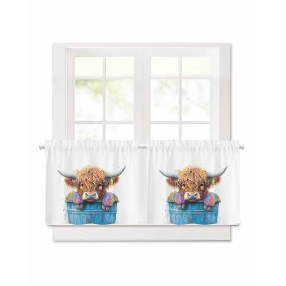 Highland Cattle Short Blackout Curtains 30Inch Long Farmhouse Cow Funny Animal Rod Pocket Kitchen Curtains, 2 Panels Thermal Insulated Room Darkening Drapes for Bedroom, 30"W x 30"L