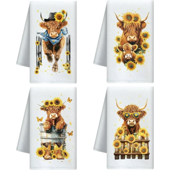 Highland Cattle and Sunflower Decorative Kitchen Towels Set of 4 Soft Absorbent Microfiber Dish Towel for Kitchen Tea Coffee Bar Best Gift for Housewarming Christmas Thanksgiving Birthday