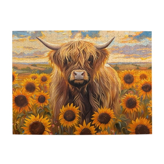 Highland Cattle Sunflowers Field 500-Piece Wooden Jigsaw Puzzle for Adults, Fun & Challenging Family Brain-Teaser, Perfect Home Decor & Gift