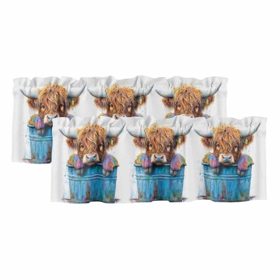 Highland Cattle Valances for Windows 2 Panels Farmhouse Cow Funny Animal Rod Pocket Kitchen Curtain Valance Small Window Treatment for Living Room Bathroom Bedroom Over Sink 42x12 Inch