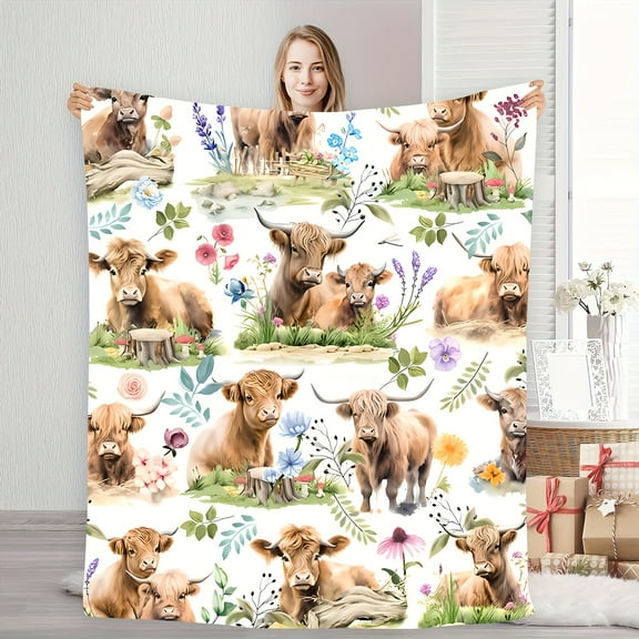 Highland Cattle & Wildflowers Flannel Throw Blanket - Cozy Country Rustic Style with Tear-Resistant Polyester, Perfect for All Seasons, Machine Washable