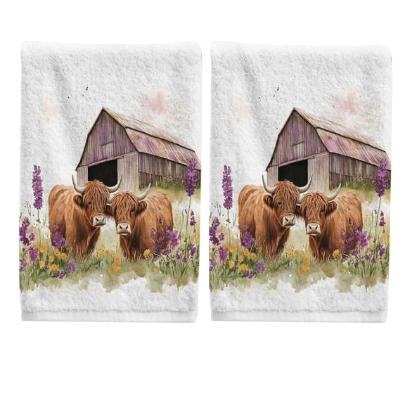 Highland Cattle in Lavenders Hand Towels Set for Bathroom Cotton Face Towel Decorative 15.5x29.5 inch