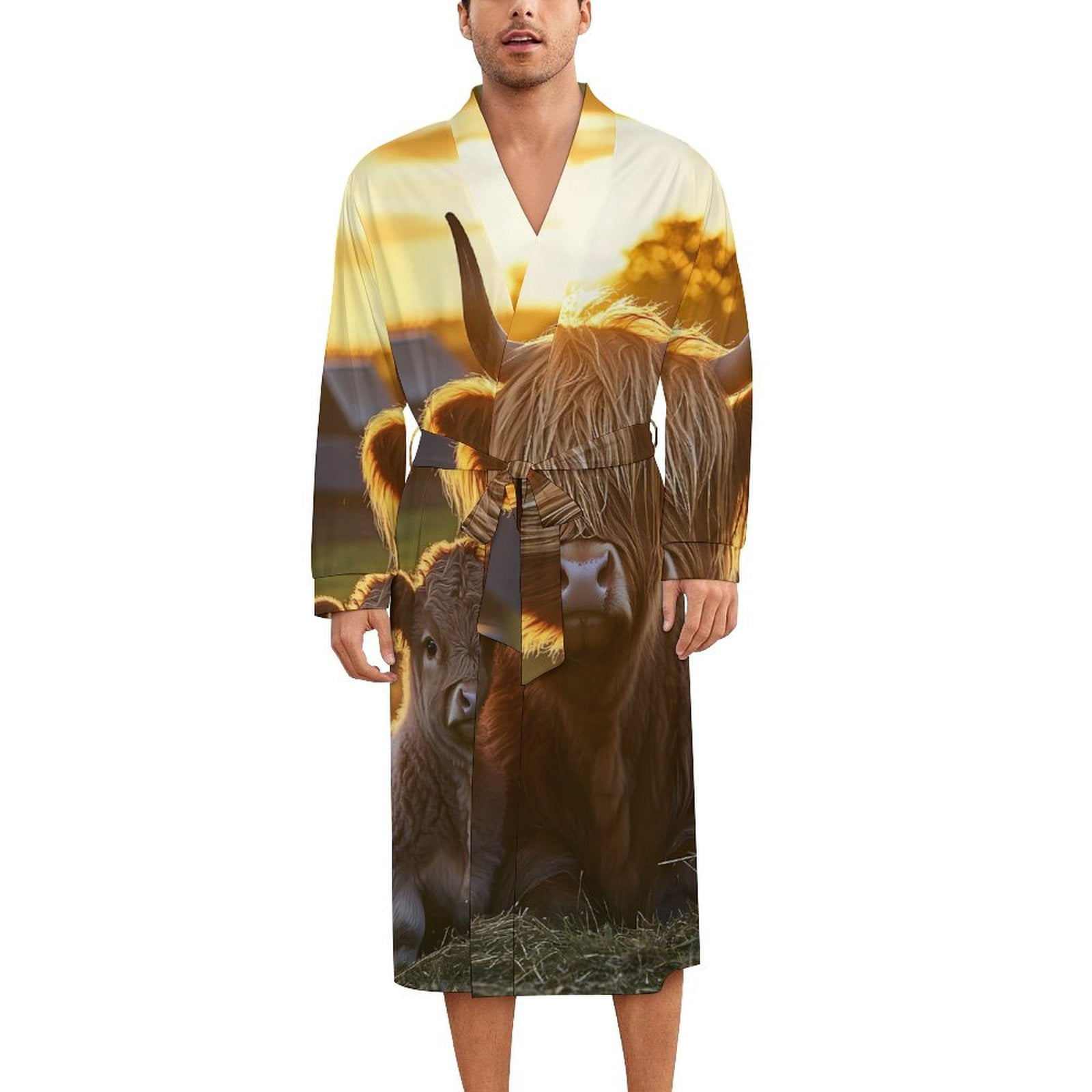 Highland Cattle with Baby Cow Sunset Men's Kimono Robe Milk Silk ...
