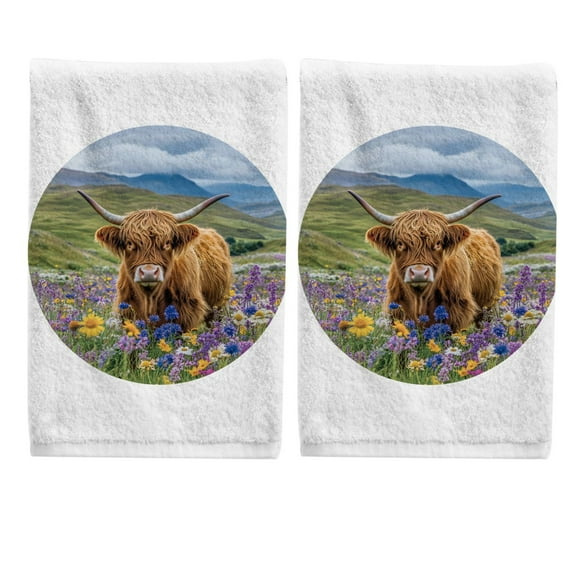 Highland Cattles in Field Hand Towels Set for Bathroom Cotton Face Towel Decorative 15.5x29.5 inch