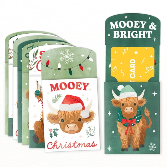 Highland Christmas Cow Gift Card Holders with Envelopes, Rustic Christmas Party Cash Money Holders and Gift Card Sleeves, Holiday Nifty Gifty Pack, Set of 8