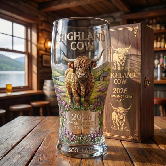 Highland Cow 2026 Commemorative Glass,Scotland Themed Beer Pint Glass,Premium Crystal Beer Glass for Highland Cows Lovers Whiskey,Beer