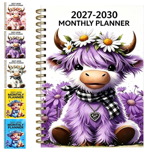 Highland Cow 2027-2030 Monthly Planner – 4-Year Calendar & Annual Organizer, Spiral Wirebound with Coated Tabs, Notes & Habit Tracker for Long-Term Planning