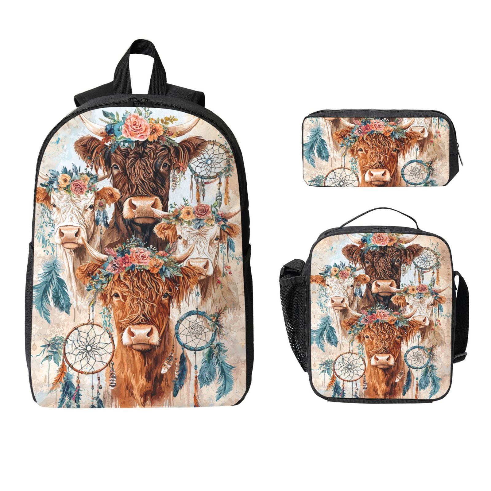 Highland Cow 3 Piece Backpack Casual Multifunction Travel Backpacks 17"