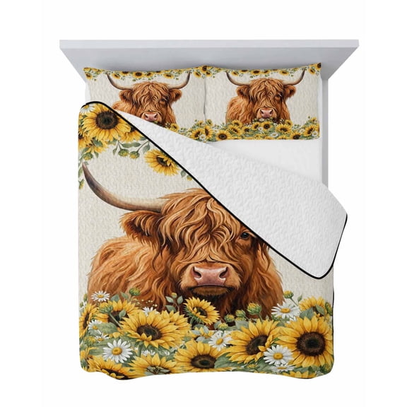 Highland Cow 3 Piece Quilt Set Queen Size, Farmhouse Animal Sunflower Boho Rustic Horn Linen Texture Soft Bedspread Coverlet Bedding Set Microfiber Comforter Set with 2 Pillowcases for Bedroom