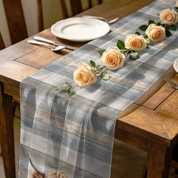 Highland Cow 4.5 ft Cheesecloth Table Runner for Wedding 19"x55", Farm Country Animal Pattern Shabby Chic Gray Wood Grain Kitchen Dinner Sheer Tulle Chiffon Dresser Scarf, Holiday Party Decorations