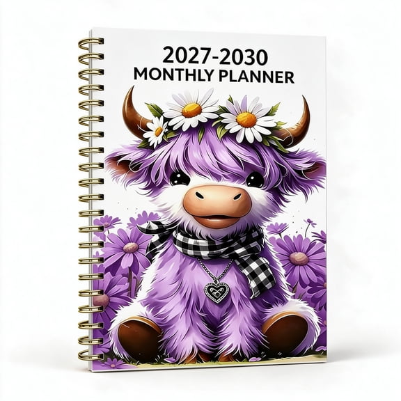 Highland Cow 4-Year Monthly Planner, 2027-2030 Portable Calendar with Tabs