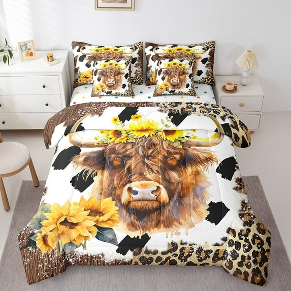 Highland Cow 7 Piece Comforter Set Full Bed in a Bag,Sunflower Bedding Sets Leopard Print Cowhide Sheet Set with Comforter Farm Animals Western Decor for Home