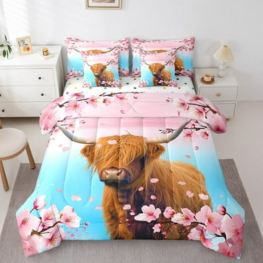 Highland Cow 7 Piece Comforter Set Full Bed in a Bag,Farm Animals Bedding Sets Gradient Teal Pink Cherry Blossom Flowers Sheet Set with Comforter