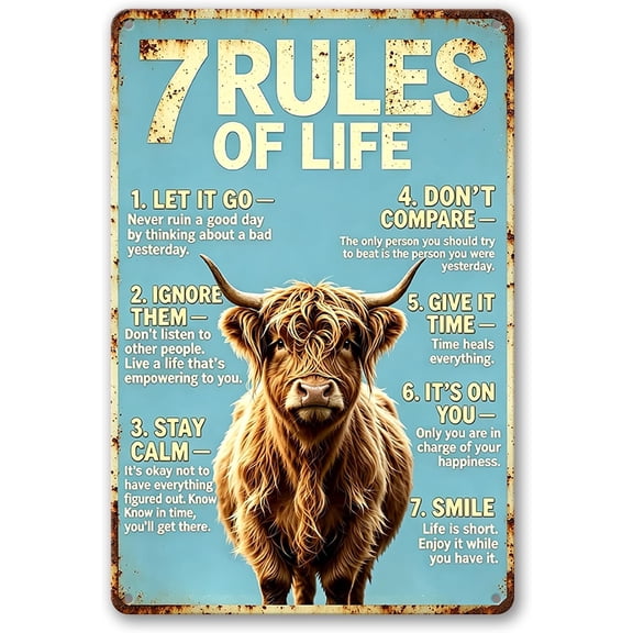 Highland Cow 7 Rules of Life Motivational Wall Art for Home Farm Bedroom Living Room Office Decor