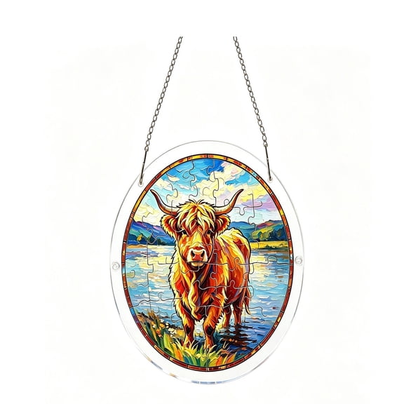 Highland Cow Acrylic Puzzles Suncatcher Window Hanging, 83 Pieces 7.8“ Flower Bird Sun Catcher Stained Glass Acrylic Puzzles Kit for Window, Kitchen, Sunroom and Garden