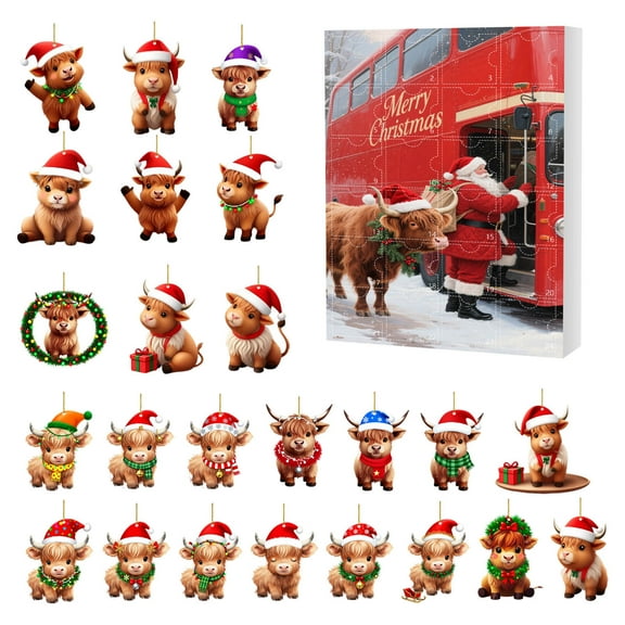 2025 Highland Cow Advent Calendar with 24 Ornaments - 24 Days Christmas Countdown Calendar Featuring Mini Highland Cow Decorations for Holiday Tree & Home Decor