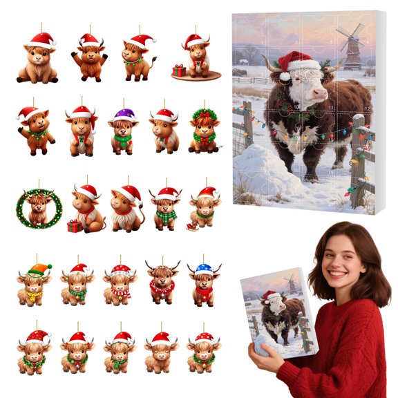 Highland Cow Advent Calendar 2025 24 Days Christmas Countdown Calendar with Acrylic Hanging Ornaments Xmas Tree Decor Cute Cow with Santa Hats for Kids Adults Holiday