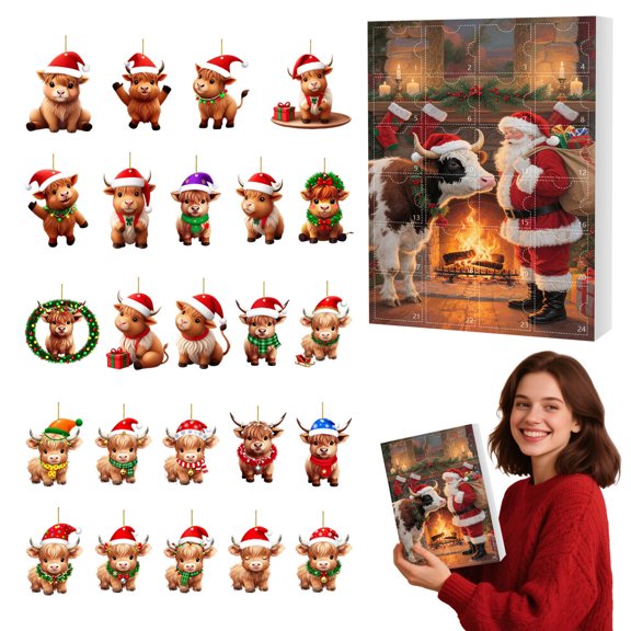 Highland Cow Advent Calendar 2025 24 Days Christmas Countdown Calendar with Acrylic Hanging Ornaments Xmas Tree Decor Cute Cow with Santa Hats for Kids Adults Holiday