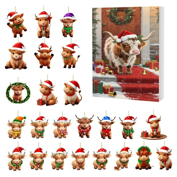 Highland Cow Advent Calendar 2025, Cartoon Cow 24 Days Christmas Countdown Ornament for Christmas Tree Car Rearview Decoration, Christmas Surprise Gifts
