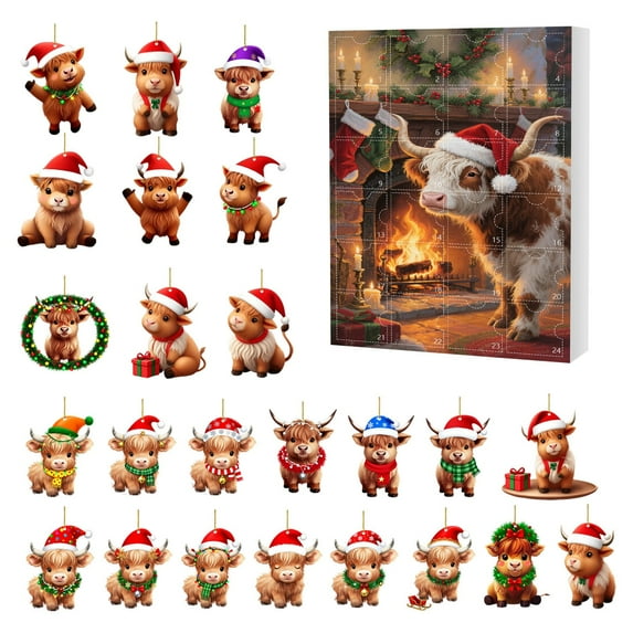 Highland Cow Advent Calendar 2025, Highland Cow Ornament Calendar 2025, 24 Days Of Christmas Tree Advent Calendar Hanging Ornament, Cartoon Highland Cow Calendar Ornament B