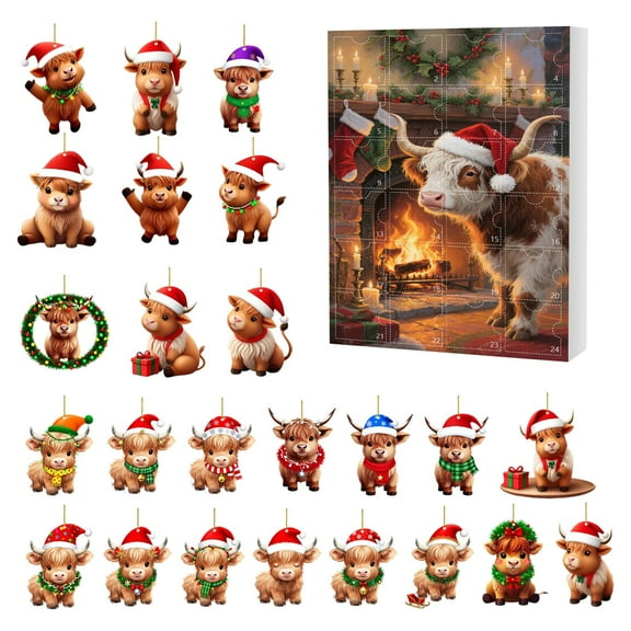 Highland Cow Advent Calendar 2025 - Highland Cow Ornaments Advent Calendar 2025,Highland Cow Christmas Decorations,Western Cowboy Highland Cow Cattle Hanging Ornaments Wooden for Xmas Tree Home Decor