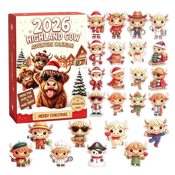 Highland Cow Advent Calendar 2026 Christmas Countdown Set With 24 Acrylic Collectible Figurines Holiday Themed Decor Daily Unboxing Surprise For Christmas Tree And Desktop Display