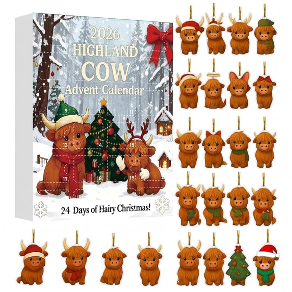 Highland Cow Advent Calendar, Christmas Countdown Calendar, 24PCS 2D Flat Cattle Hanging Ornaments, Lightweight Plastic Double Sided Cutout for Tree Wall Window
