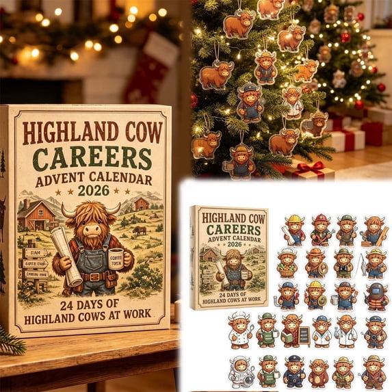 Highland Cow Advent Calendar, Christmas Countdown Calendar, 24PCS Working Cow Collectible Surprise for Adult, Sturdy Reusable Gift Box for Desk Shelf