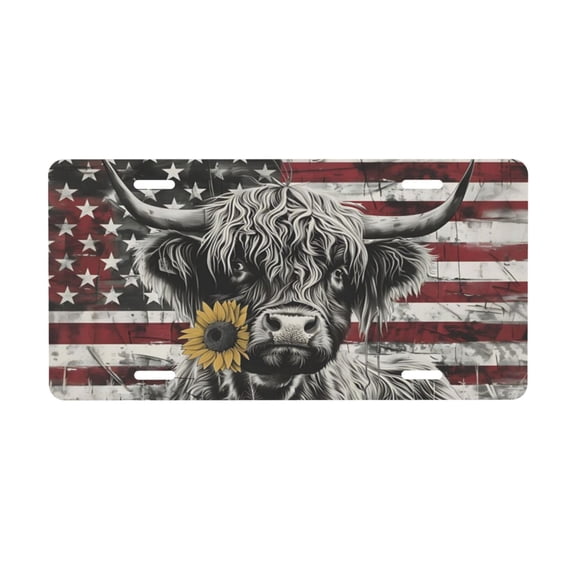 Highland Cow American Flag License Plate with 4 Holes,Novelty Aluminum Metal Car Plate Vanity Tag Decorative Car Front Accessories for Women Men,6x12 Inches