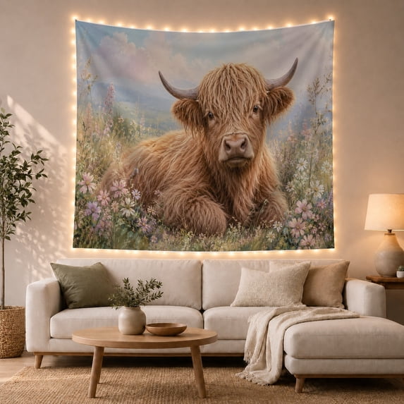 Highland Cow Among Colorful Wildflowers in a Meadow, Peaceful Rustic for Animal Lovers, Floral Wall Art, Housewarming Gift, Tapestry Wall Hanging for Bedroom and Living Room