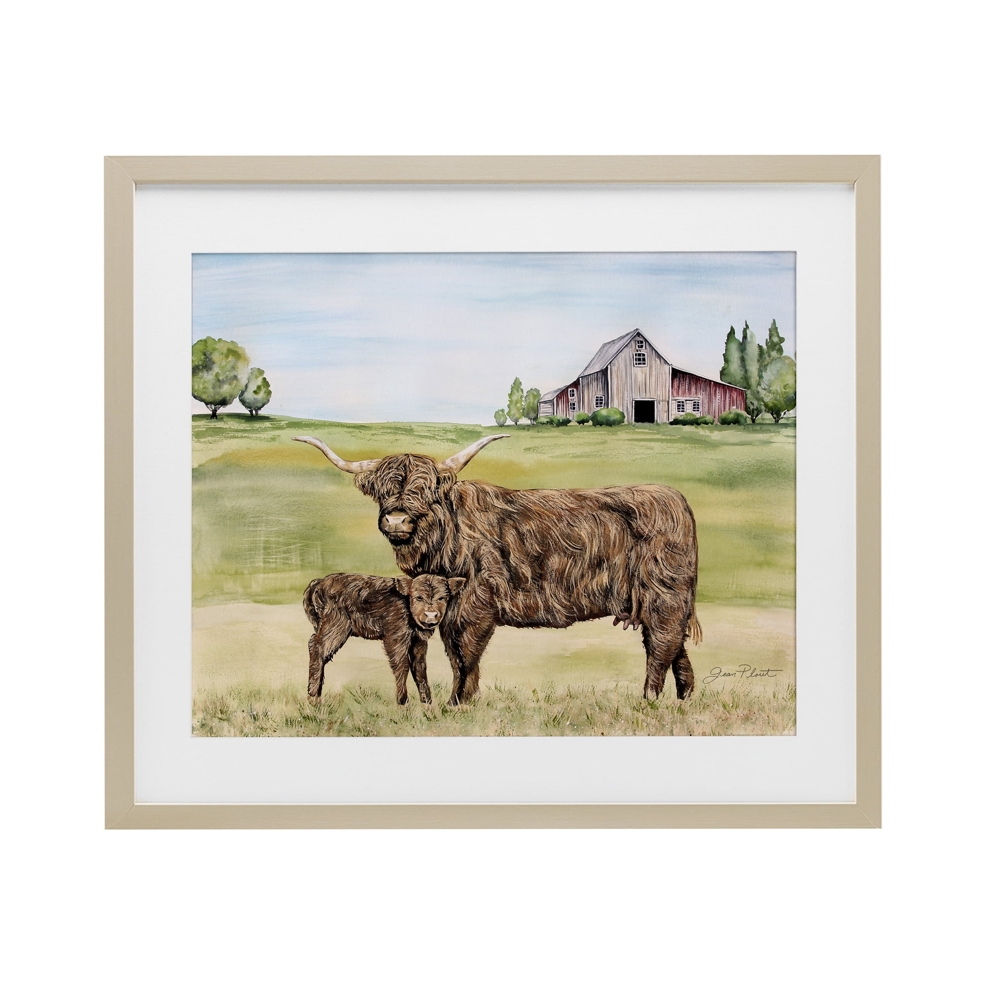 Highland Cow And Calf Birch Framed Print Under Glass, design by Jean Plout