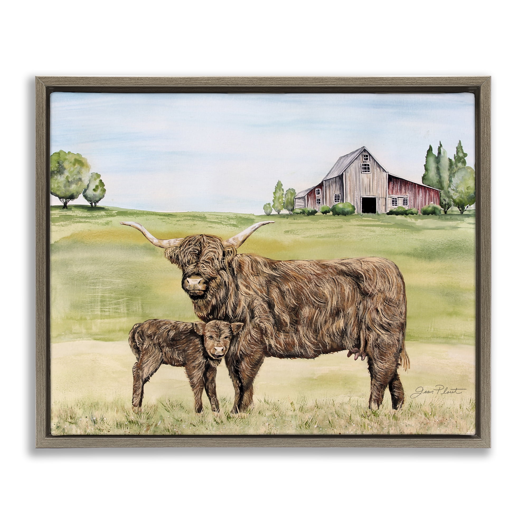 Highland Cow And Calf Brown Framed Floater Canvas Wall Art, design by Jean Plout