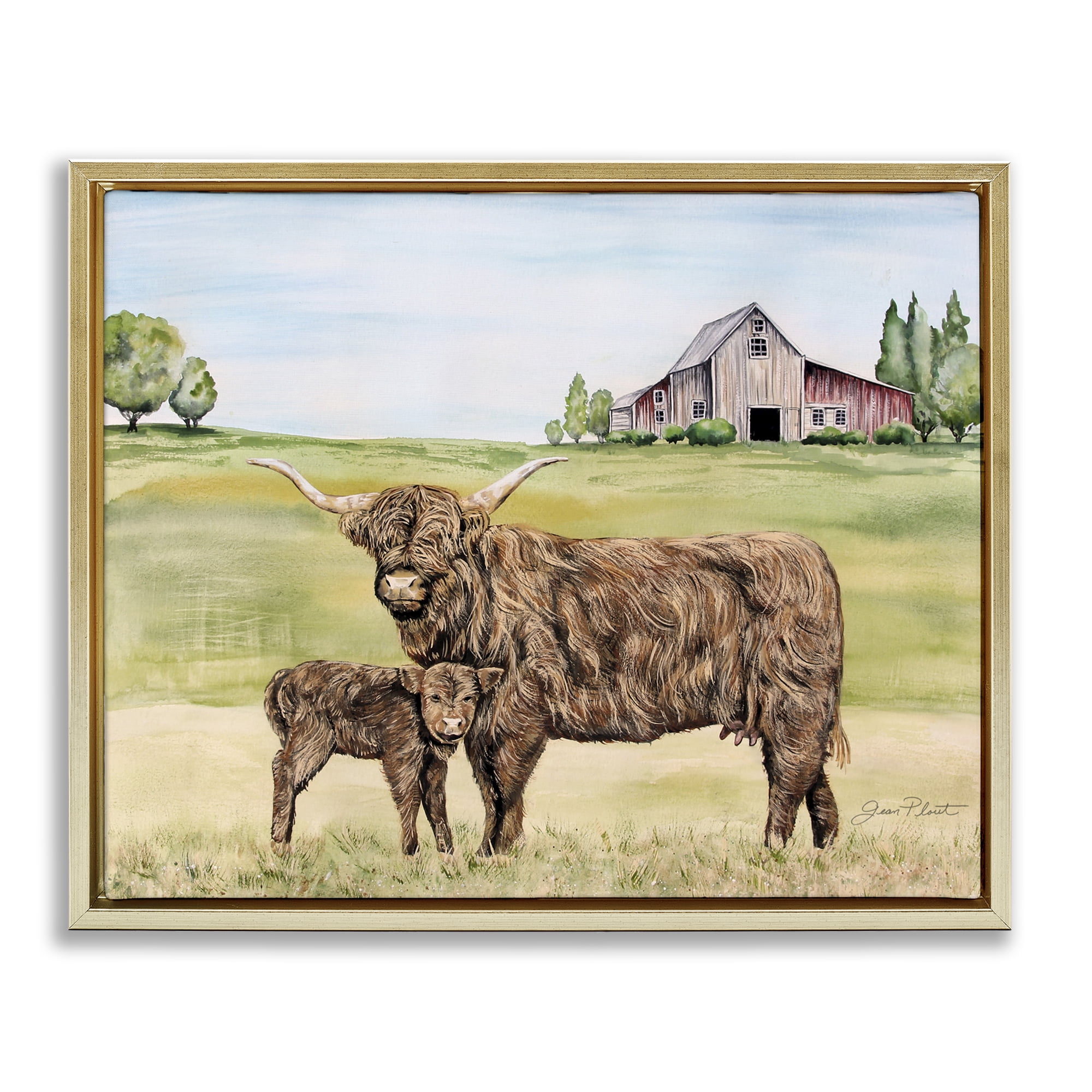 Highland Cow And Calf Gold Framed Floater Canvas Wall Art, design by Jean Plout
