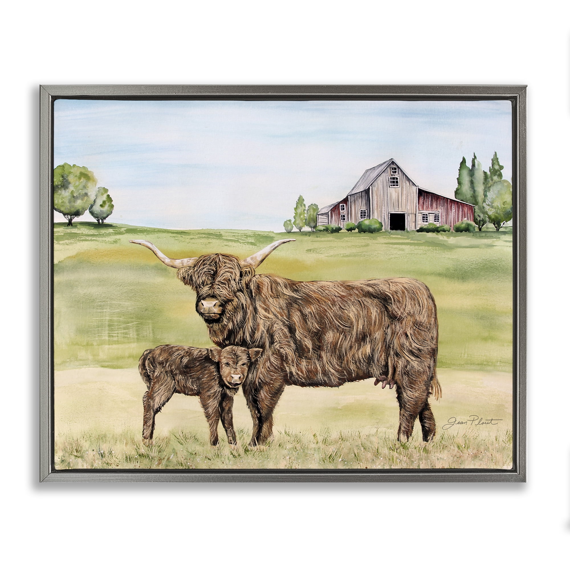 Highland Cow And Calf Gray Framed Floater Canvas Wall Art, design by Jean Plout