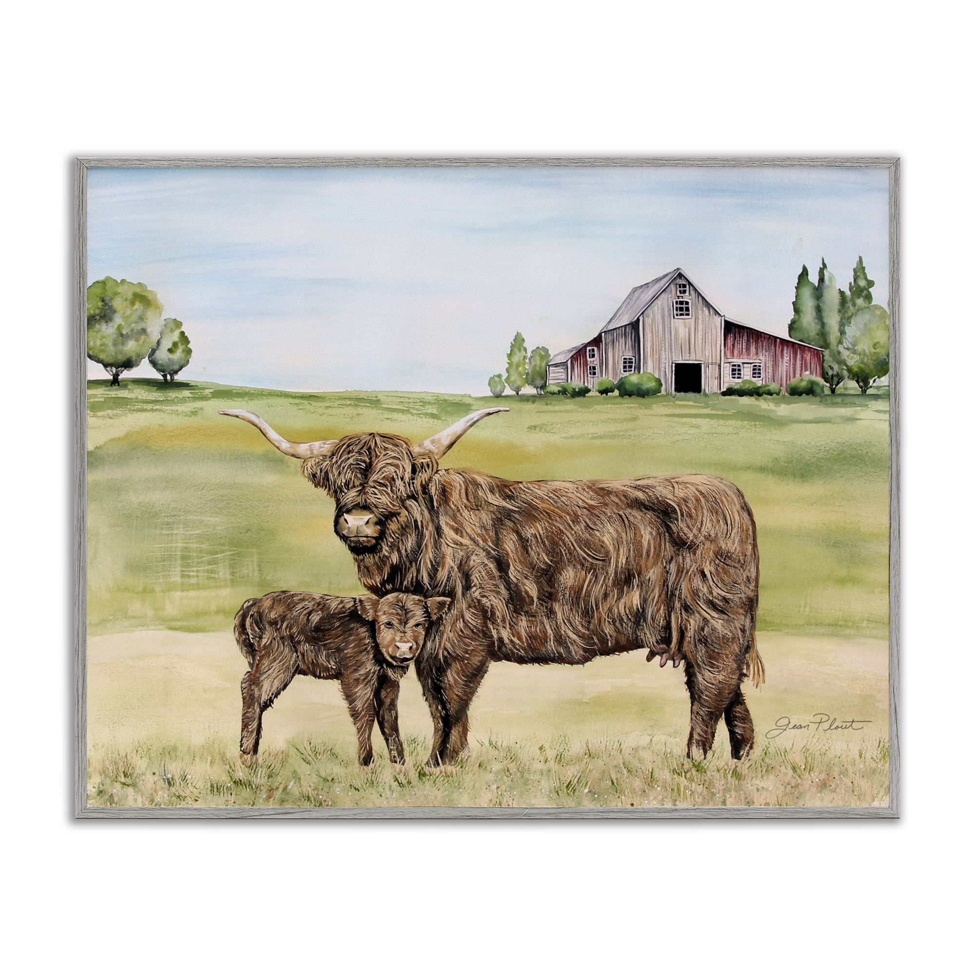 Highland Cow And Calf Gray Framed Giclee Art, design by Jean Plout