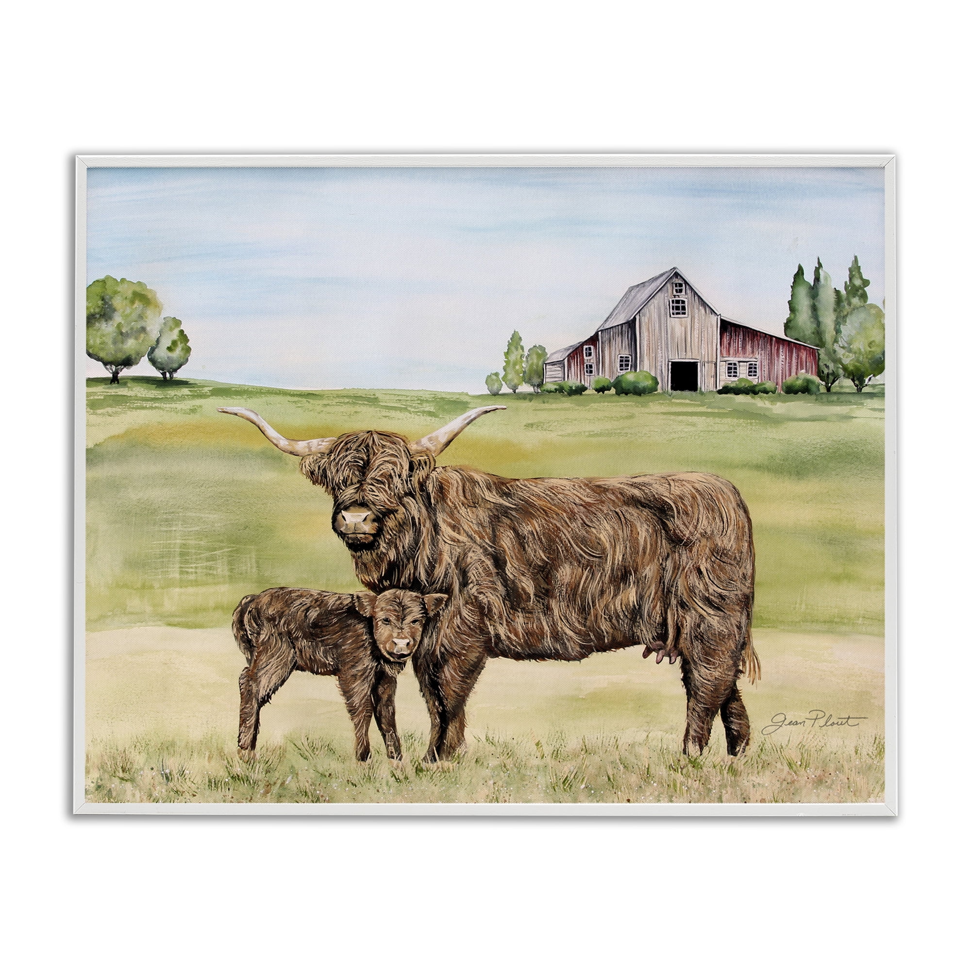 Highland Cow And Calf White Framed Giclee Art, design by Jean Plout