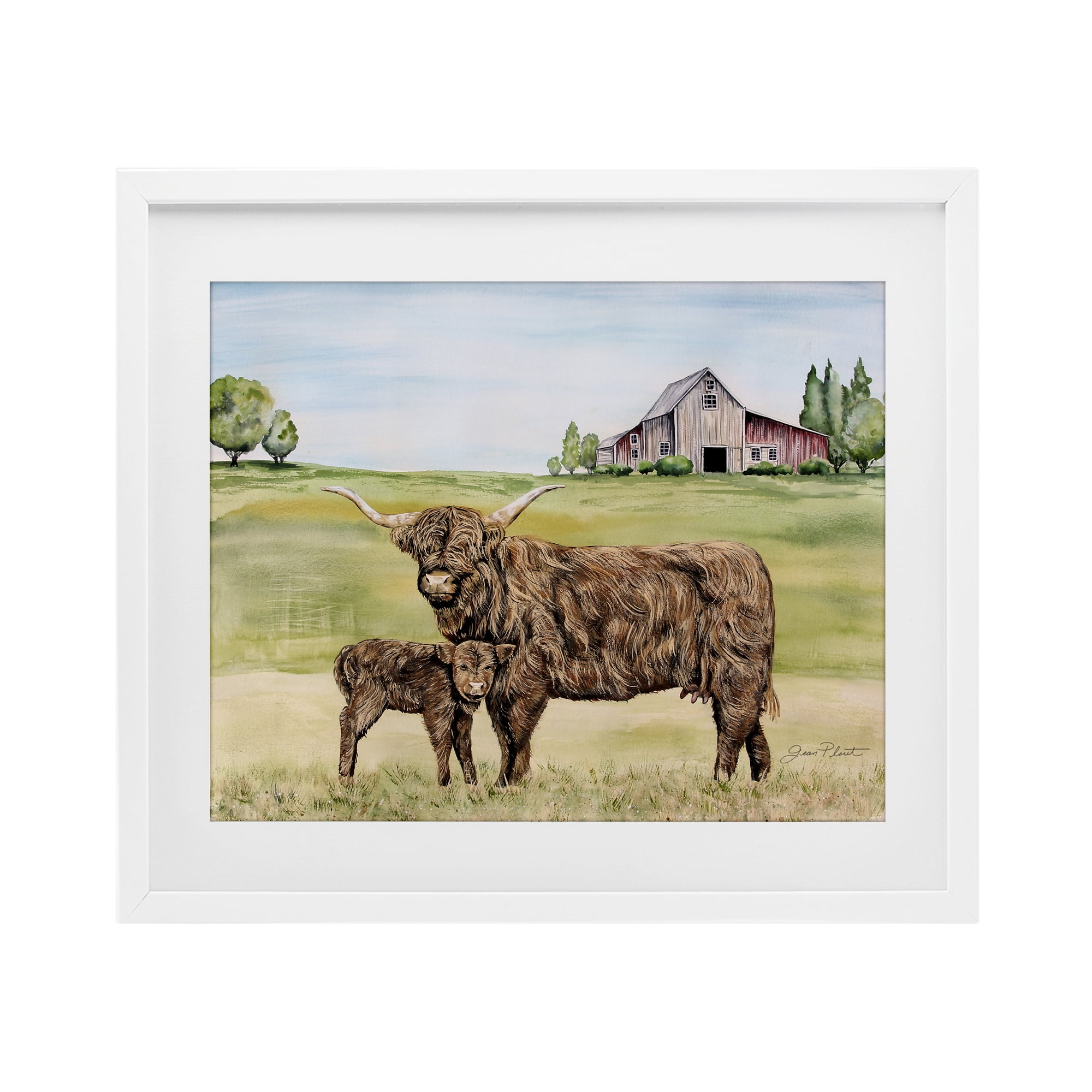 Highland Cow And Calf White Framed Print Under Glass, design by Jean Plout