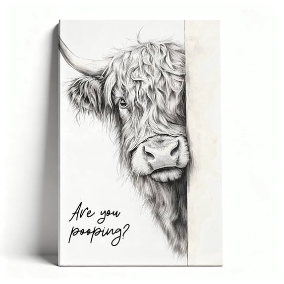 Highland Cow "Are You Pooping?" Canvas Wall Art, Funny Peeking Cow Bathroom Decor, Humorous Farmhouse Artwork For Toilet, Living Room, Office, Ready To Hang 8*12inch(20*30cm)