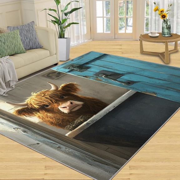 Highland Cow Area Rug, Rustic Farm Animal Washable Rug, Non Slip Low Pile Carpet for Living Room Bedroom Kitchen Decor 2x3ft