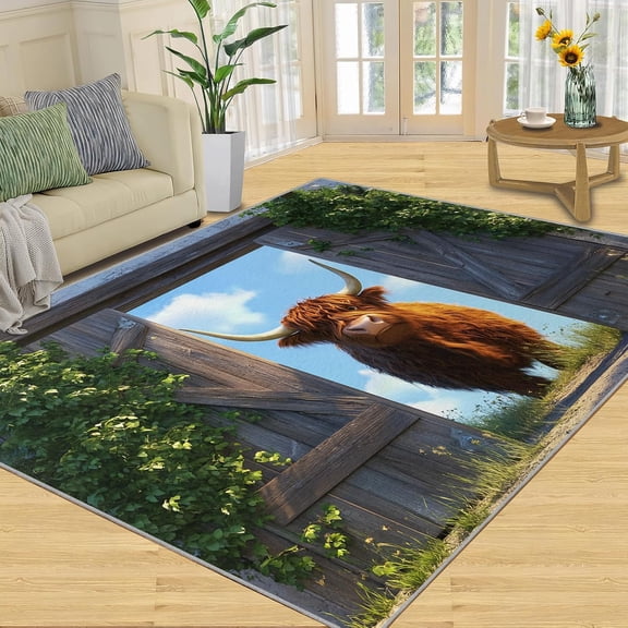 Highland Cow Area Rug, Rustic Farm Animal Washable Rug, Soft Non Slip Low Pile Carpet for Living Room Bedroom Home Decor 2x3ft