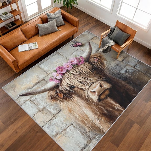 Highland Cow Area Rugs, Rustic Brick Wall Farmhouse Carpet, Washable Non Slip Low Pile Soft Rug for Living Room Bedroom Decor Mat 2x3ft