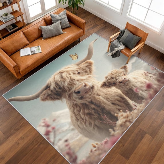 Cow Rug Side View Highland Cow Area Rugs, Rustic Farmhouse Cattle Carpet, Washable Non ...