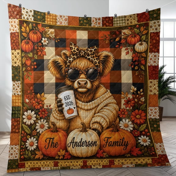 Highland Cow Autumn Pumpkin Patchwork Farmhouse Quilt Blanket
