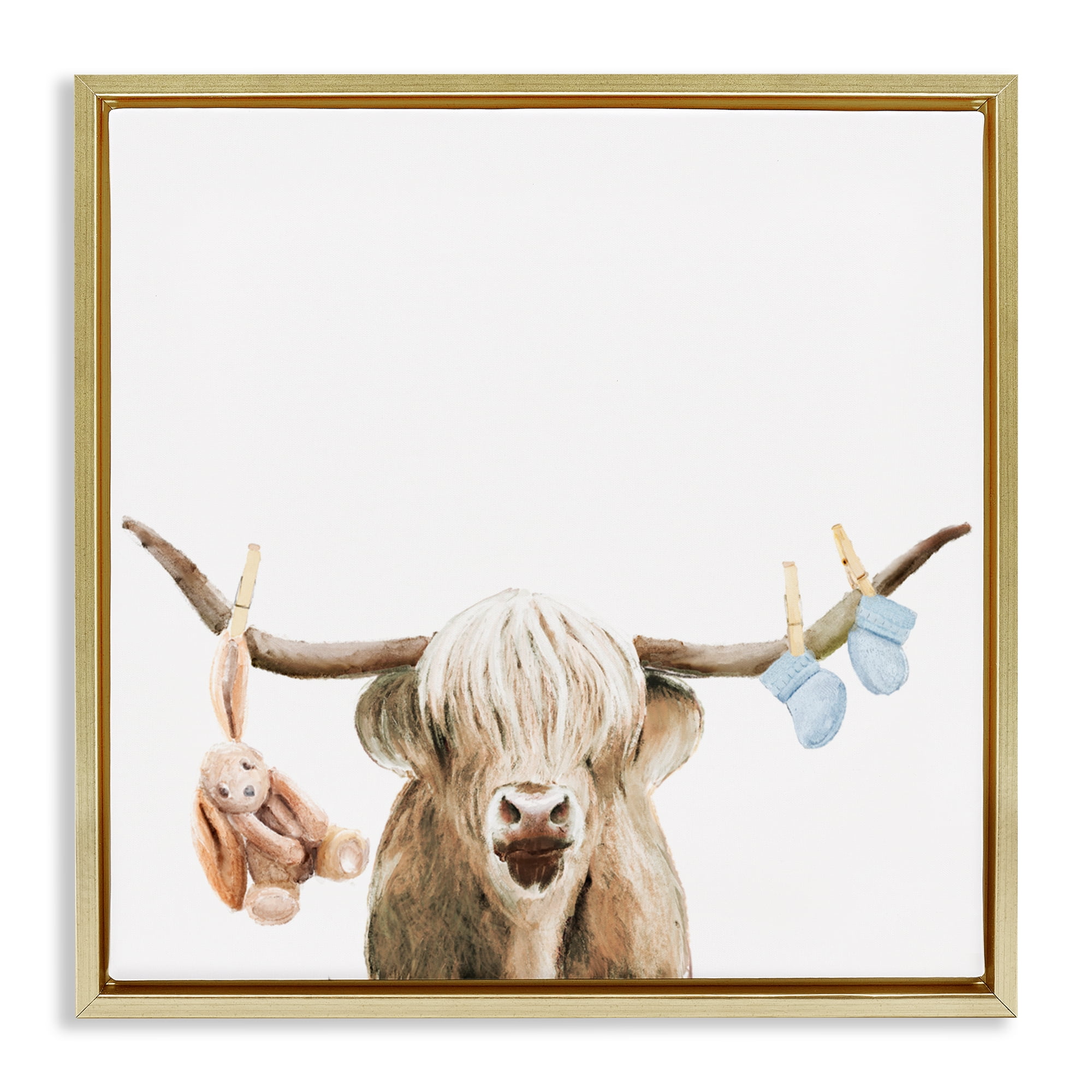 Highland Cow Baby Boy Gold Framed Floater Canvas Wall Art, design by Ali Lynne